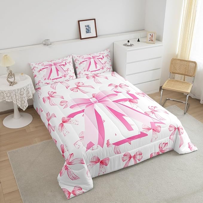 jejeloiu Kids Girls Cute Pink Bow Comforter Set Toddler Size Monogrammed Bedding Set Ultra Soft Personalized Initial T Duvet Quilt Coquette Bow Knot Quilt Set Room Decor Modern Fashion Comforter