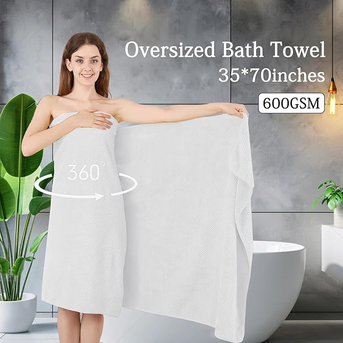 8-Piece White Bath Towels Set,2 Oversized Large Bath Towels Sheet,2 Hand Towels and 4 Washcloths - 600 GSM Soft Luxury Towel Set,Highly Absorbent Quick Dry Towel Collection for Bathroom,Hotel and Spa