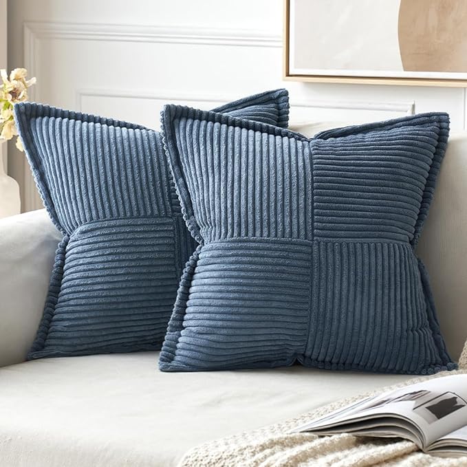 MIULEE Blue Corduroy Pillow Covers 16x16 Inch with Splicing Set of 2 Soft Boho Striped Pillow Covers Broadside Decorative Textured Summer Coastal Pillowcases for Couch Cushion Bed Livingroom