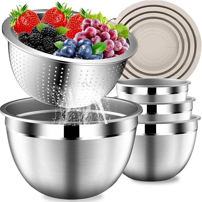 Stainles Steel Mixing Bowls with Lids Set, Stackable Metal Mixing Bowl with Strainer, 5-Piece - Beige