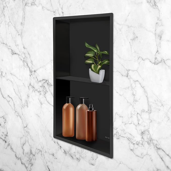 Shower Niche Lightweight Stainless Steel Easy Install Tile Needed Wall Niche Recessed Shower Shelf for Bathroom Storage (Matte Black, 13"x25" with Shelf)