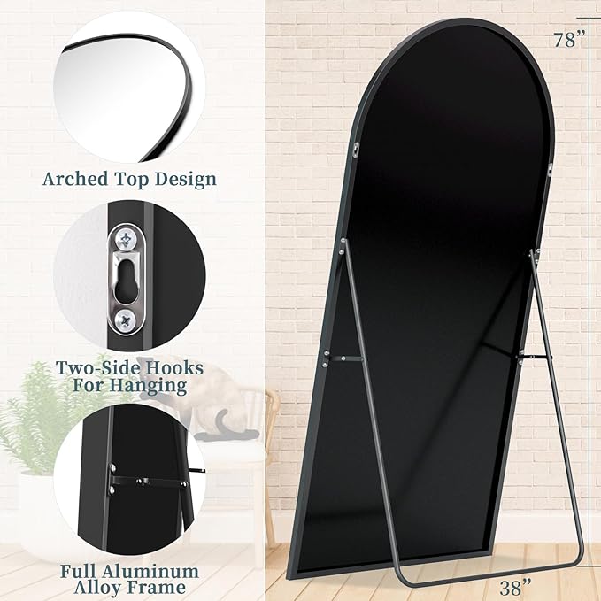 Full Length Mirror with Stand, 78"x38" Arched Full Body Mirror, Large Stand Up Mirrors, Aluminum Frame Floor Standing Mirrors, Freestanding Hanging Leaning Mounted for Bedroom Living Room,Black