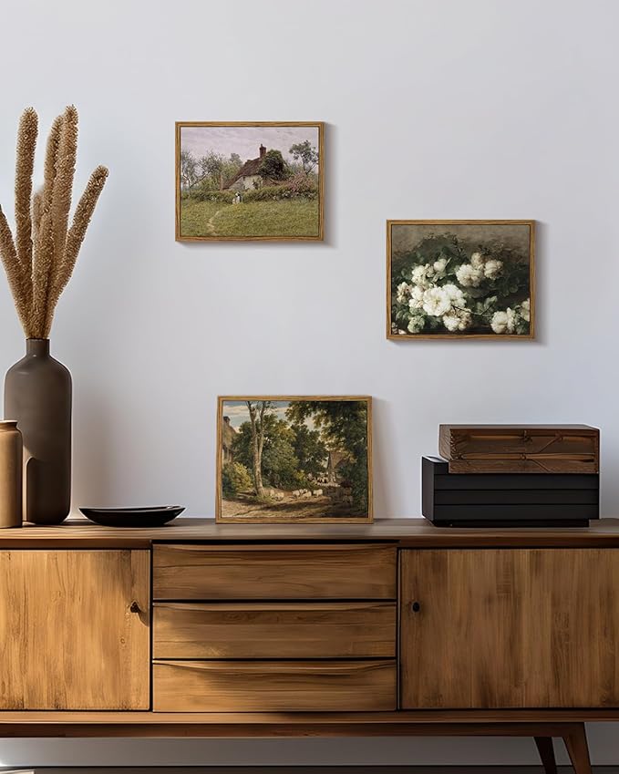 InSimSea Framed Canvas Wall Art Vintage Decor, Room Decor Classical Countryside Landscape Watercolor Painting Canvas Prints Wall Art for Living Room Badroom Farmhouse Bathroom Decor, 8"x10"