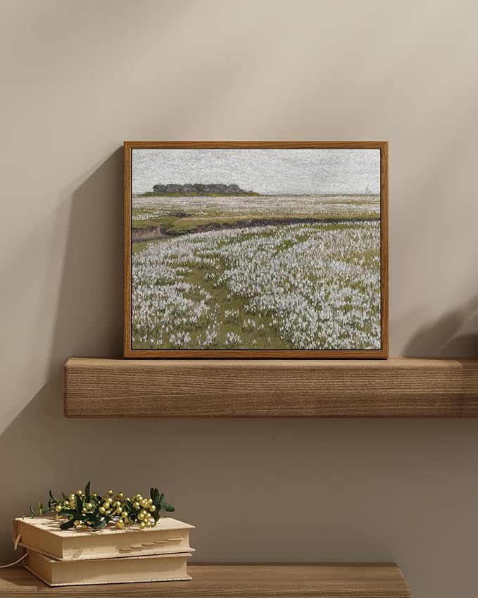 InSimSea Framed Vintage Landscape Wall Art Prints, Boundless Grassland Full of White Flowers Canvas Painting Wall Decor, Framed Farmhouse Bedroom Wall Decor, Retro Room Decor 9/inchx11/inch