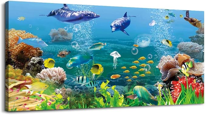 MHARTK66 Canvas Wall Art - Coral and Fish Modern Home Decor Stretched and Framed Ready to Hang Ocean Theme Sea Fish and sea Turtles Mediterranean Style Canvas Prints The living room Wall Decor
