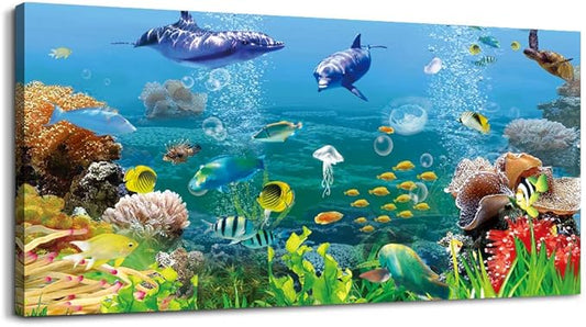 MHARTK66 Canvas Wall Art - Coral and Fish Modern Home Decor Stretched and Framed Ready to Hang Ocean Theme Sea Fish and sea Turtles Mediterranean Style Canvas Prints The living room Wall Decor