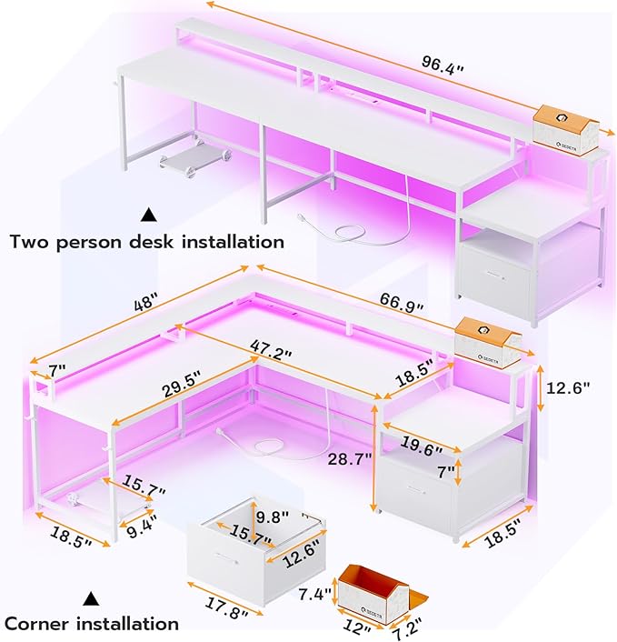 SEDETA White L Shaped Gaming Desk, 66" Home Office Desk with File Drawer, Power Outlet and Led Lights, Corner Computer Desk with Monitor Shelf, Printer Storage Shelves, for Two Person