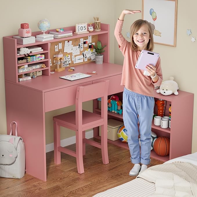 Pink Kids Desk and Chair Set, Kids Study Table and Chair Set with 2 Drawers & 4 Cabinets, Kids Study Desk with Removable Large Storage Cabinet,Girls Study Desk for Kid for Bedroom-vDkR36