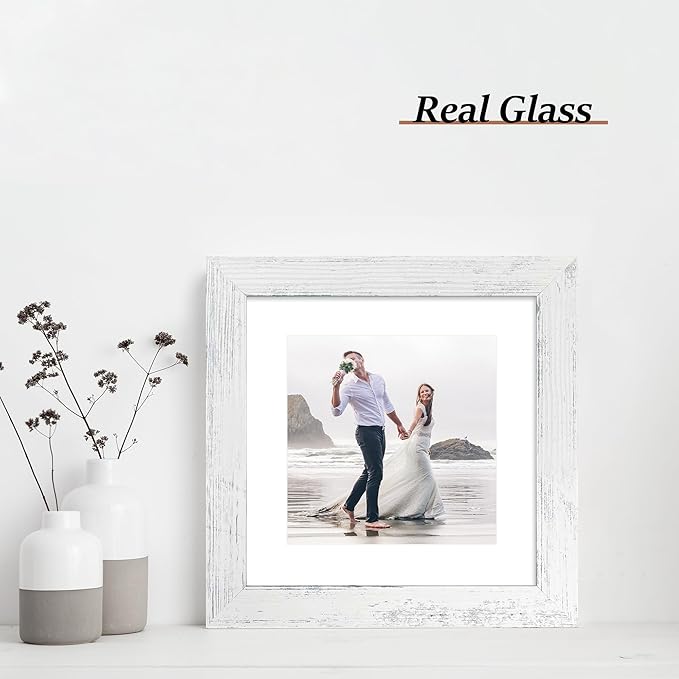 8x8 Picture Frames Set of 4 with Real Glass, Distressed White Frame Display 6x6 Pictures with Mat or 8 x 8 Without Mat, Wood Square Photo Frame for Wall Mount and Tabletop Display