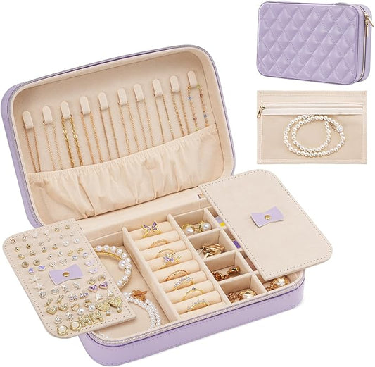 Lolalet Travel Jewelry Case for Women, Travel Jewelry Organizer Box with Mirror & Clear Storage Bag, Small Portable Traveling Earring Necklace Bracelet Ring Case, Bridesmaid Gifts -Medium, Purple