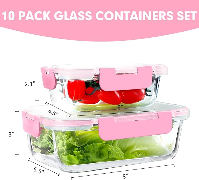 VERONES 10Pack Glass Meal Prep Containers, Airtight Glass Lunch Containers,Stackable Glass Food Storage Containers Set with Lids,Exclusive of BPA, for Microwave,Oven, Freezer&Dishwasher Friendly,Pink