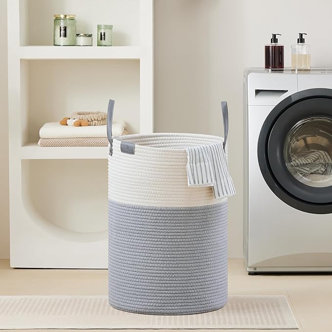 VIPOSCO Tall Laundry Basket, Large Dirty Clothes Hamper with Leather Handle, Woven Rope Storage Basket for Blanket, Toy In Living Room, Bathroom, Bedroom - 100L Grey & White