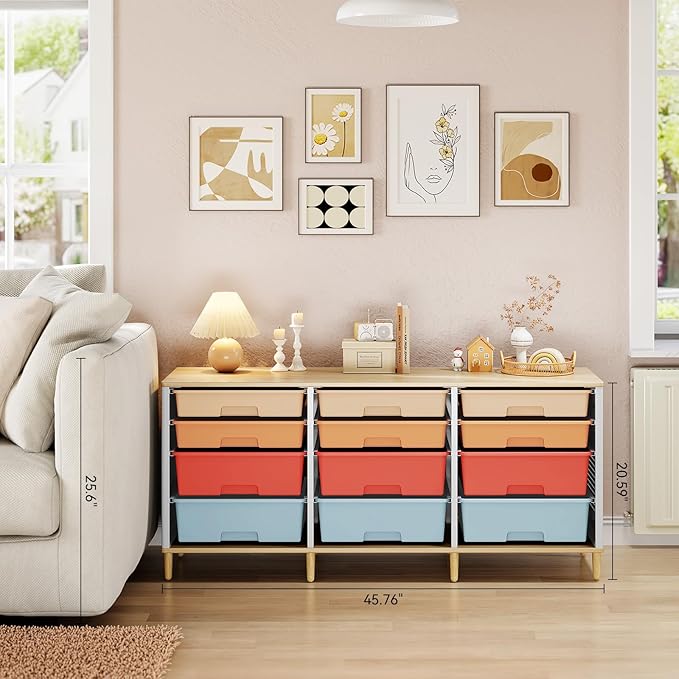 Storage Cabinet with 12 Drawers, Home Storage With Wooden Tabletop, Cube Storage Organizer for Living Room, Bedroom, Classroom, Office, Playroom, Craft Room, (Colorful)
