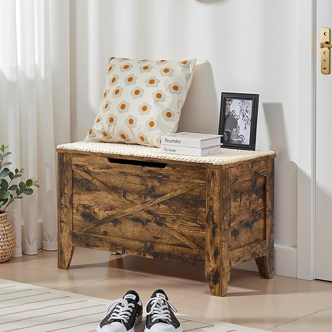 VECELO 30" Farmhouse Style Storage Bench, Entryway Shoe Ottoman, with Handwoven Cushion, with Metal Safety Hinges, for Bedroom, Living Room, Entryway, Brown
