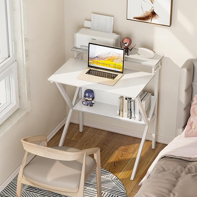 ODK Small Computer Desk, 27.5 inch Desk for Small Spaces with Storage, Compact Table with Monitor & Storage Shelves for Home Office, Modern Style Laptop Desk, Pure White