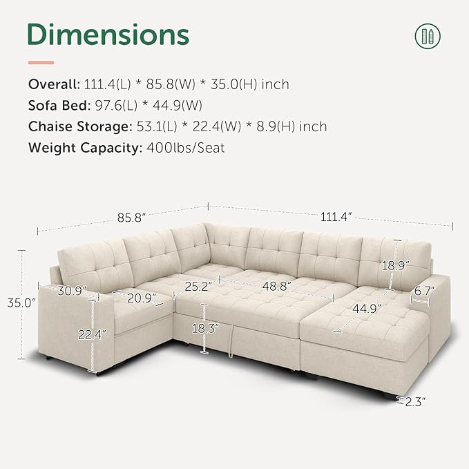 HONBAY Sectional Sleeper Sofa Pull Out Couch, U Shaped Sectional Couch with Storage Chaise, Sofa Bed for Living Room, Beige