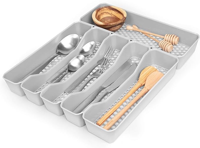 Spectrum HEXA 5-Divider Expandable Silverware Tray (Stone Gray) - In-Drawer Organizer for Kitchen Accessories, Cutlery, Knives, & More/Easy-to-Clean Home & Apartment Essential (Pack of 2)