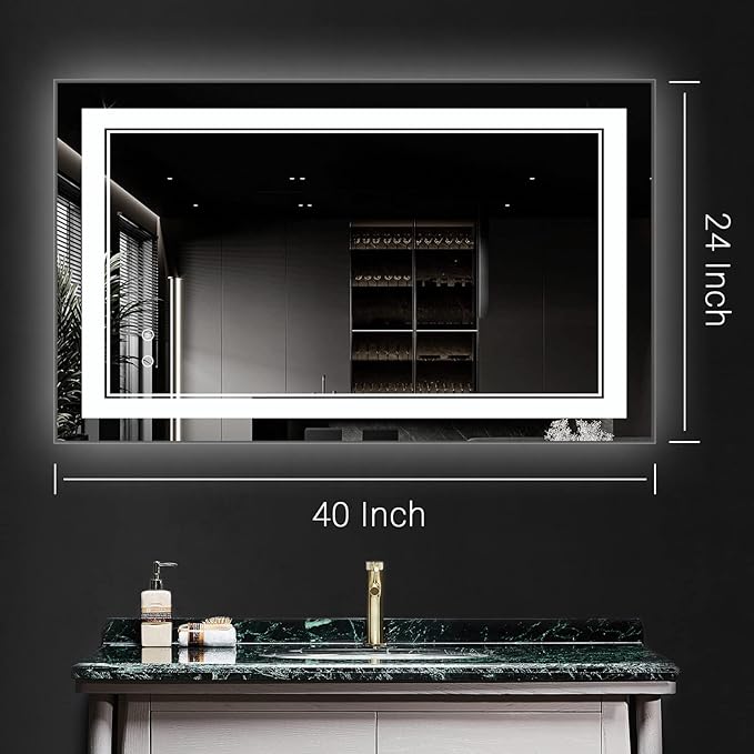 LED Bathroom Mirror Wall-Mounted Vanity Mirror with Anti Fog,Dimmable Waterproof Smart Touch Button Makeup Mirror with Lights Vertical & Horizontal (40x24 Inch)