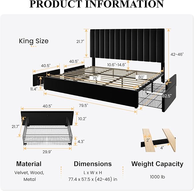 SHA CERLIN King Size Platform Bed Frame with 4 Storage Drawers, Vertical Channel Tufted Adjustable Headboard, Velvet Upholstered, Wooden Slats Support, No Box Spring Needed, Easy Assembly, Black