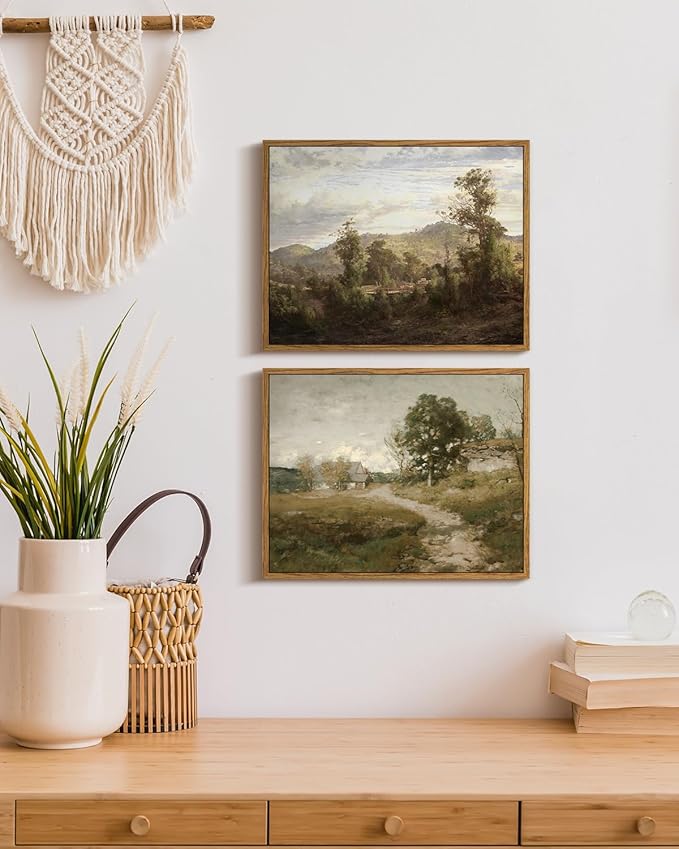 InSimSea Framed Canvas Wall Art Vintage Decor, Room Decor Rural Path Landscape Wall Paintings Prints, Farmhouse Wall Art for Living Room, Vintage Countryside Pictures for Bathroom Wall Decor, 11"x14"