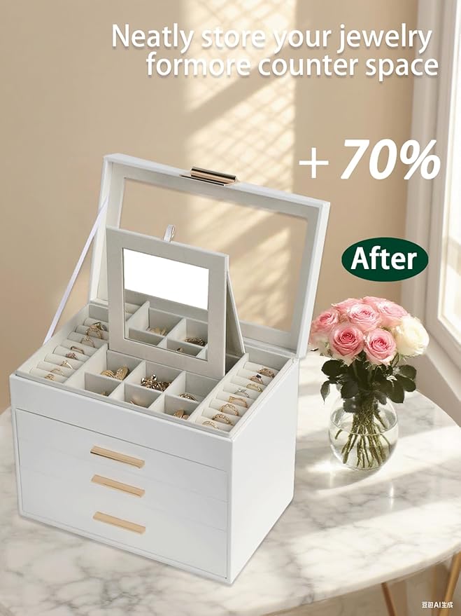 BOOVO Jewelry Boxes for Women, White and Black 4 Layer Large Jewelry Box for Necklace, Bracelet, Earrings, Rings Storage, Jewelry holder Organizer for Girls Gift (Clear White, 4 layer)