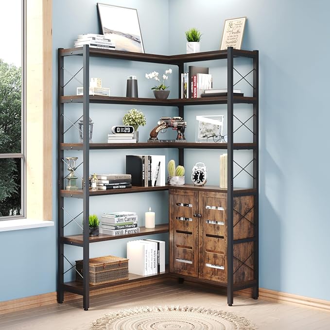 Corner Bookshelves and Bookcases Industrial Corner Etagere Bookcase L Shaped Shelf 6 Tiers with Metal Frame for Living Room Home Office