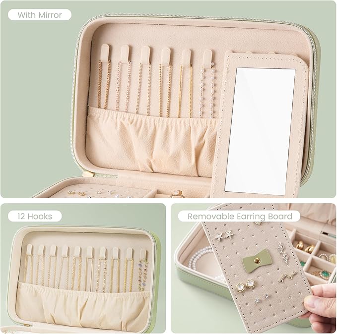 Lolalet Travel Jewelry Case for Women, Travel Jewelry Organizer Box with Mirror & Clear Storage Bag, Small Portable Traveling Earring Necklace Bracelet Ring Case, Bridesmaid Gifts -Medium, Green