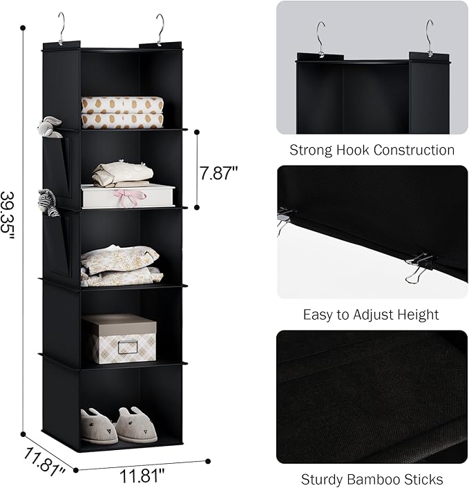 Hanging Closet Organizer, 5-Shelf Closet Hanging Storage Shelves, Black