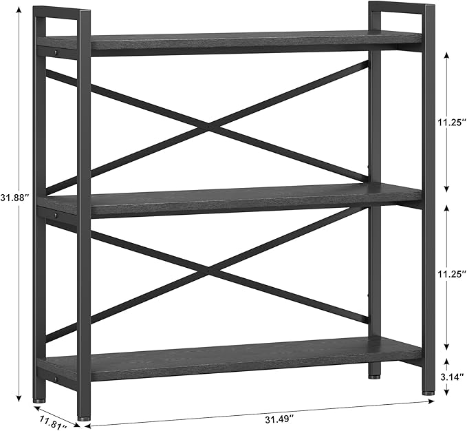 Homeiju 3 Tier Bookshelf 31.49" Width, Wood and Metal Etagere Bookcase, Vintage Farmhouse Modern Wooden Big Book Shelf for Home Living Room Bedroom Office Storage(Grey)