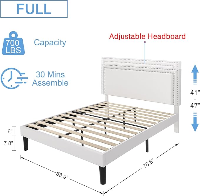 VECELO Full Size Platform Bed Frame with Height Adjustable Upholstered Headboard, Modern Mattress Foundation,Strong Wood Slat Support, No Box Spring Needed, Easy Assembly