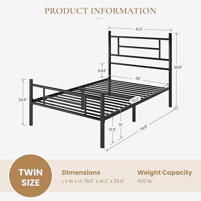 SHA CERLIN 14 Inch Twin Size Metal Bed Frame with Iron-Art Headboard and Footboard,Under Bed Storage Space,Platform Bed with Metal Slats Support,Easy Assembly,Noise Free,No Box Spring Needed,Black
