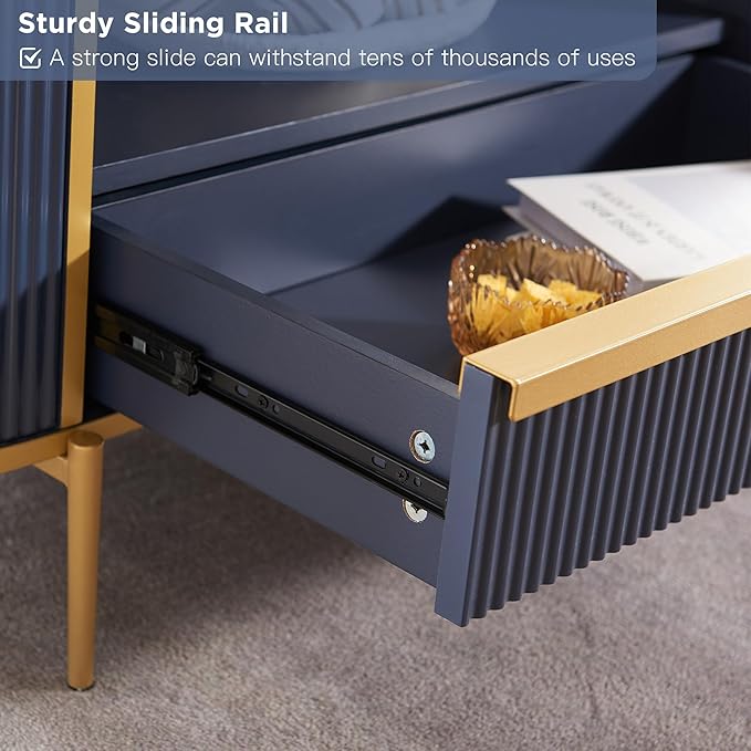 OKD Modern Luxury Fluted Coffee Table, 48" Oval Coffee Table with Drawer, Faux Marble Top, Curved Profile Design, Gold Metal Decor, Center Table for Living Room, Navy Blue