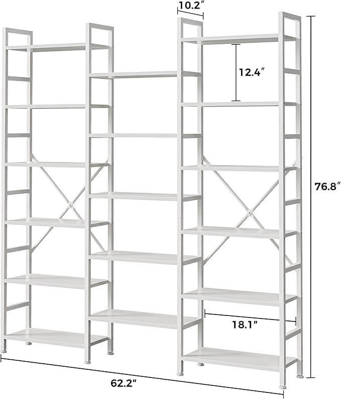SUPERJARE Triple 6 Tier Bookshelf, Bookcase with 17 Open Display Shelves, Wide Book Shelf Book Case for Home & Office, White