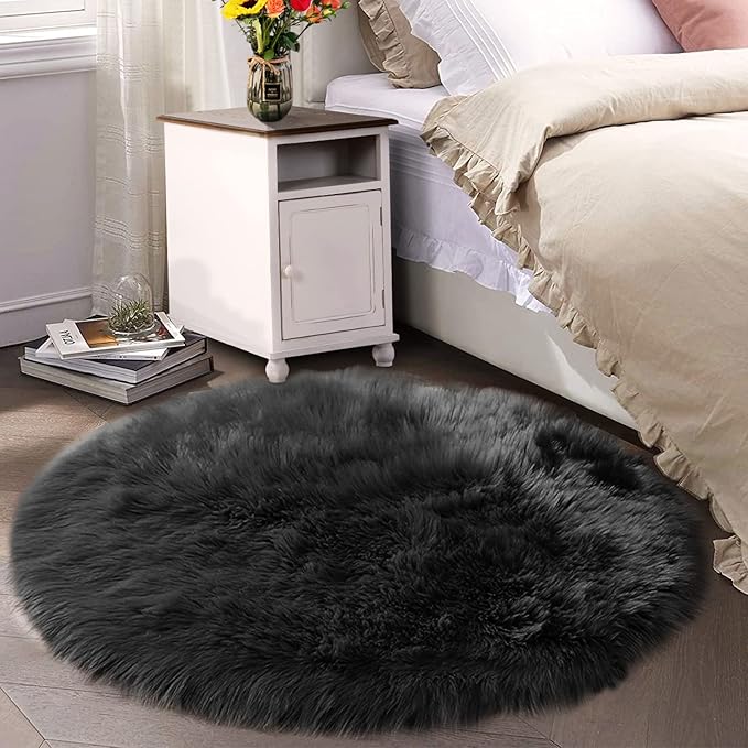 Latepis Black Furry Rugs for Bedroom Circle Faux Sheepskin Fur Rug Fluffy Round Rugs 6ft High Pile Plush Shaggy Rug for Living Room Playing Room Luxury Home Decor
