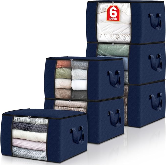 Fab totes 6 Pack Clothes Storage, Foldable Thick Fabric Blanket Storage Bags, Containers for Organizing Bedroom, Closet, Clothing, Comforter,Closet Organization with Handle,Blue
