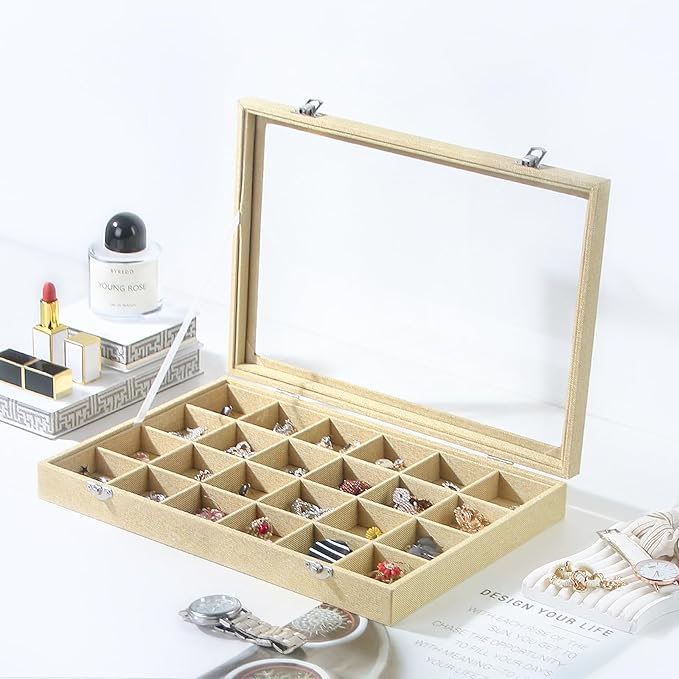 Coward Jewelry Organizer Box, Yellow Linen 24 Grids Ring Earring Jewelry Display Tray Case with Transparent Glass Lid for Home Drawer or Shop Selling