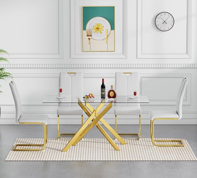 Goujxcy Gold Dining Table Set for 4, Glass Kitchen Table with Chair Set, Modern 51" Rectangle Glass Dining Table and 4 White PU Leather Chairs with Metal Frame for Kitchen Dining Room