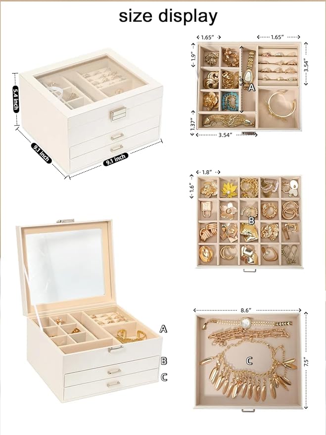 Clear Lid Jewelry Box,3 Layers Jewelry Organizer Large Multi-Functional Jewelry Storage Box with 2 Drawers,Jewelry Display Case of Rings Earrings Necklace Bracelets for Women Girls (Light gold)
