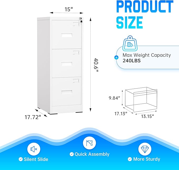 Greenvelly 18" D File Cabinet, 3 Drawer Filing Cabinet with Lock, Locking Vertical File Cabinet for Home Office, White Metal File Cabinet for Hanging Letter/Legal Folders, Easy Assemble