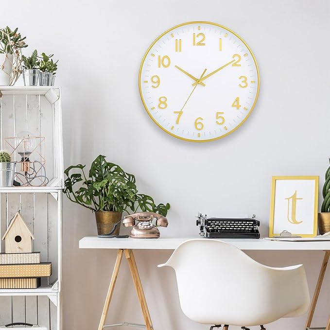 HZDHCLH White and Gold Wall Clocks Battery Operated 12 inch Silent Non Ticking Modern Wall Clock for Living Room Bedroom Kitchen Office Decor