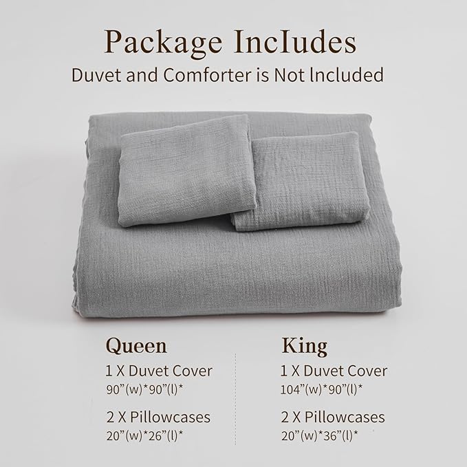 MEISHANG Muslin Duvet Cover Queen Size - 100% Organic Cotton, Soft Textured Gauze Weave Comforter Cover for Breathable All-Season with Zipper Closure - 3 Piece Set (Queen, Dark Grey)
