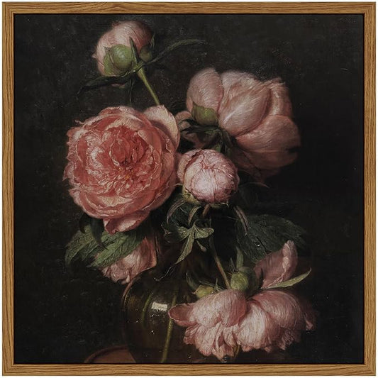 InSimSea Square Framed Canvas Wall Art, Flower Farmhouse Prints Vintage Floral Wall Art Peony Paintings Wall Prints, for Living Room Office Decor, Kitchen Bathroom Home Wall Decor 10"x10"