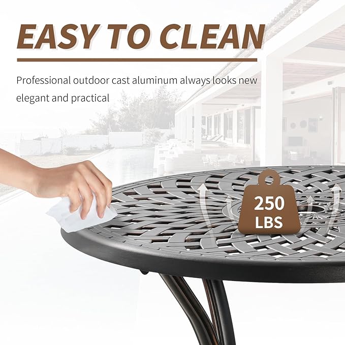 Cast Aluminum Patio Dining Set, Outdoor Bistro Set, 31.5" Round Outdoor Dining Table with Umbrella Hole, 2 Bistro Chairs for Yard Porch Garden Balcony