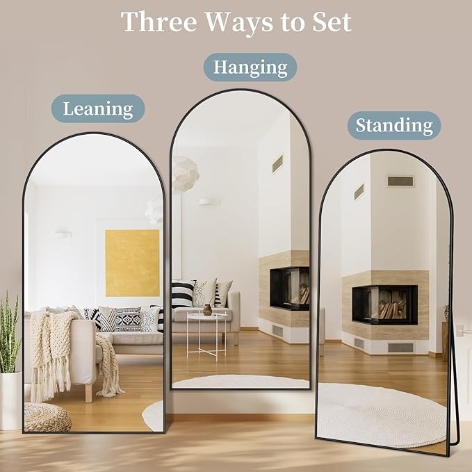 Full Length Mirror with Stand, 76"x34" Arched Full Body Mirror, Large Stand Up Mirrors, Aluminum Frame Floor Standing Mirrors, Freestanding Hanging Leaning Mounted for Bedroom Living Room, Black