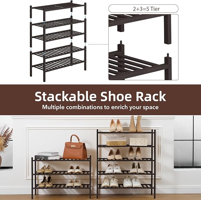 5 Tier Bamboo Shoe Rack Storage Organizer for Closet, Multifunctional Stackable Free Standing Shoe Shelf Organizer for Small Space,Entryway, Hallway, Bathroom27 x11 x32 (Brown, 5 Tier)