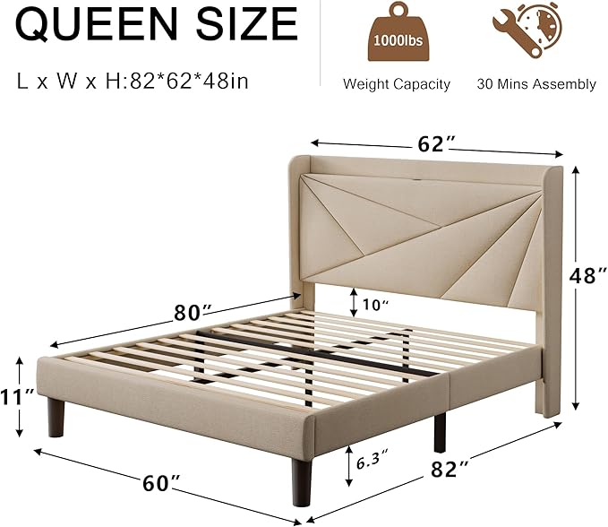 Queen Size Upholstered Bed Frame with Charging Station, Platform Bed Frame with Storage Headboard, Solid Wood Slats Support, No Box Spring Needed, Beige