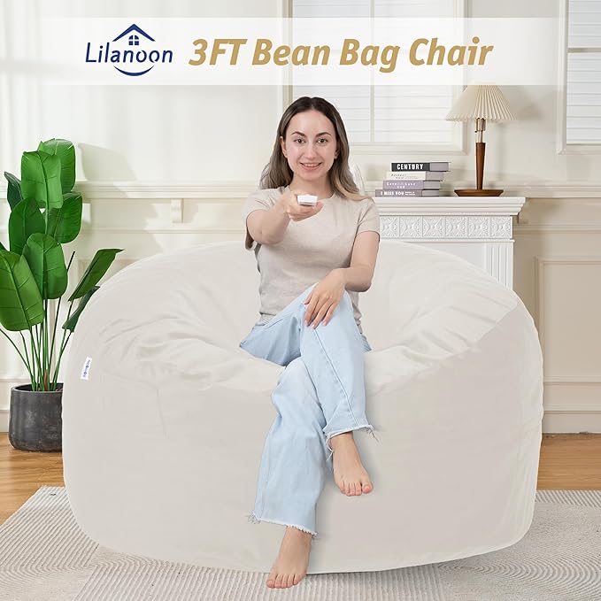 3FT Bean Bag Chair with Ultra Soft Velvet Cover Bean Bag Sofa with Memory Foam Bean Bag Chairs with Large Size Lazy Sofa for Dorm Office Living Room Bedroom Off White 3'