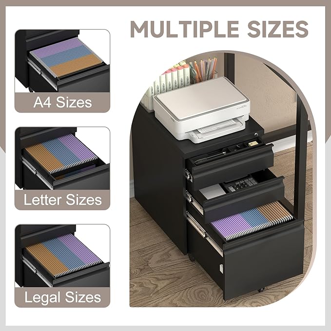 3 Drawer File Cabinet,Metal File Cabinet 2 Drawer with Lock,Small Filing Cabinets for Home Office,Letter/Legal/A4 Size,Black