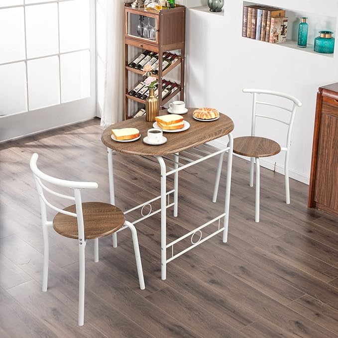 VINGLI 3 Piece Dining Set,Small Kitchen Table Set for 2,Breakfast Table Set,Kitchen Wooden Table and 2 Chairs for Small Space/Dining Room/Apartment,Metal Frame,Wine Rack,White&Warm Oak