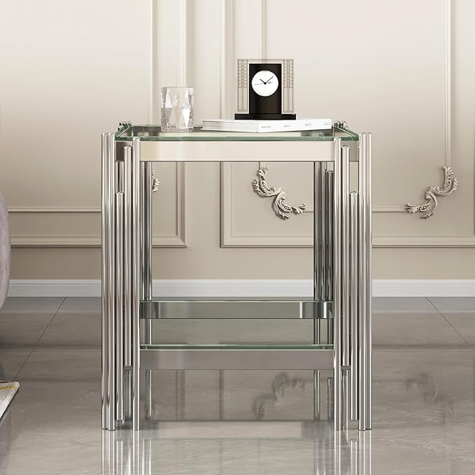 Goujxcy Modern Glass End Table Silver Sofa Side Table with Clear Glass Top and Mirror Stainless Steel Legs, Luxury Square Coffee Tea Table Bedside Tables for Living Room Bedroom, Silver